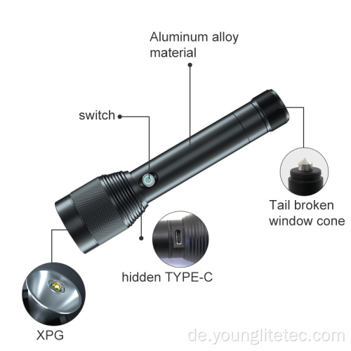 Wasserdichter Typ-C, der stufenlose Dimm-Taschenlampe abspringt